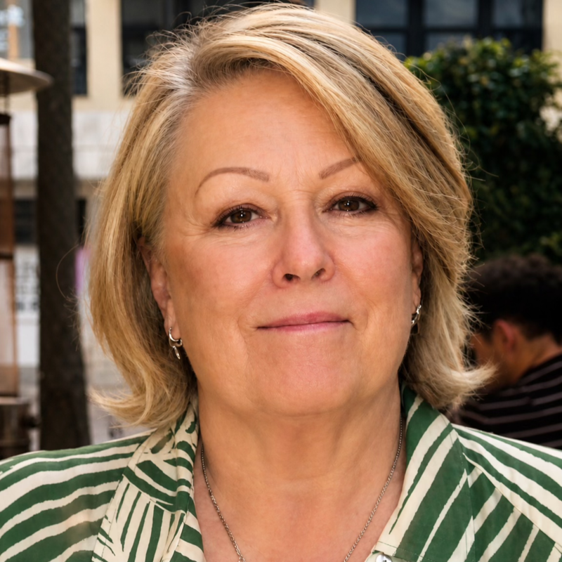 Jayne Johnson Smiling lady with blonde hair wearing a green and white striped shirt